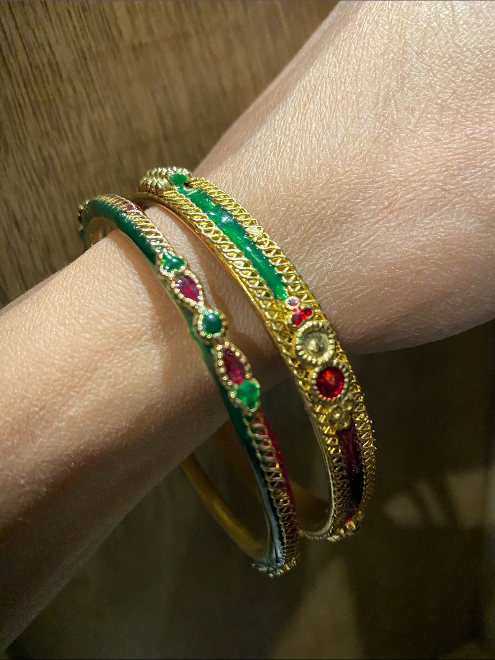 Green and Red Gold-Tone Bangle Bracelet Set